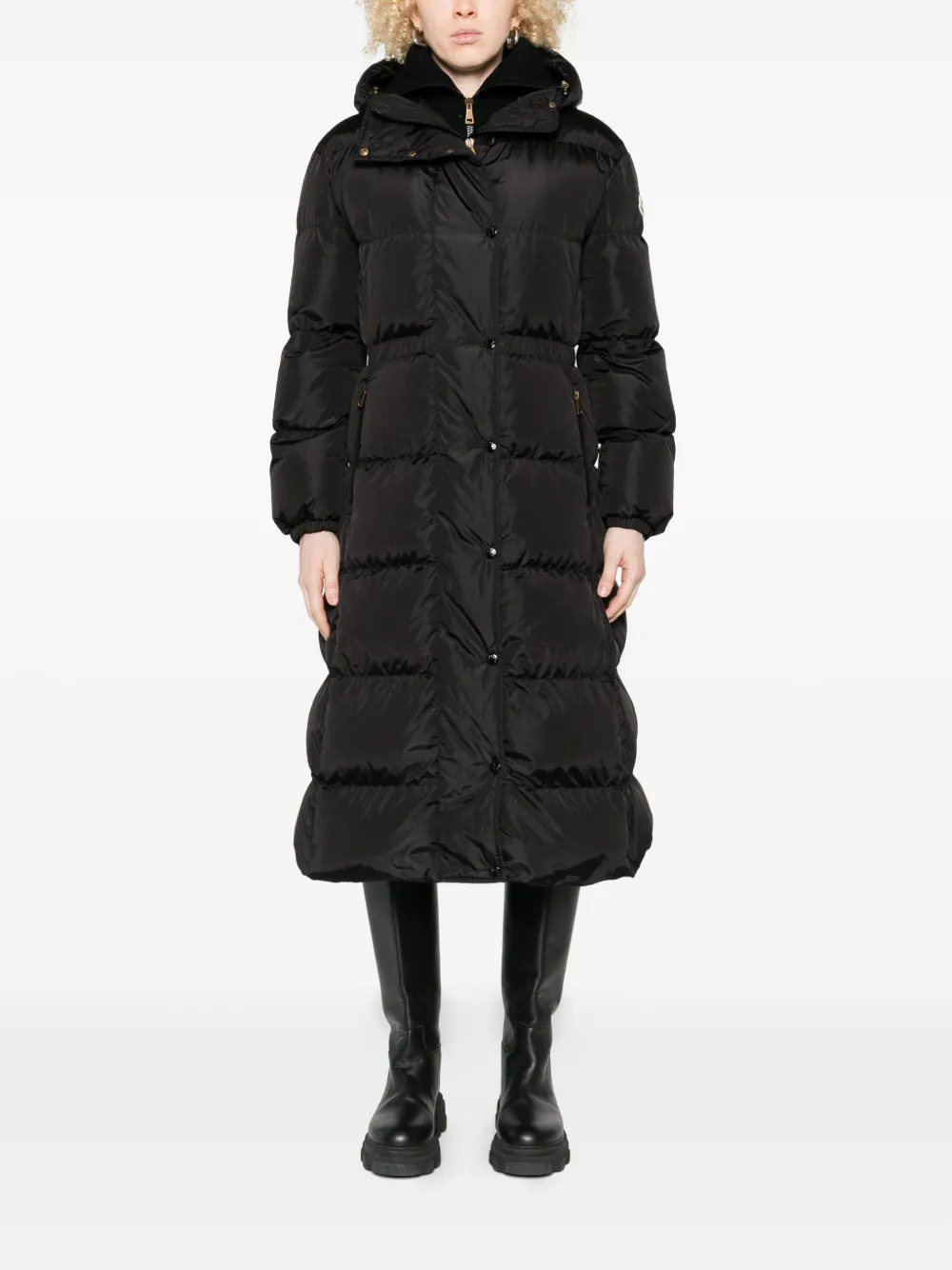 Moncler Long Hooded Quilted Coat Side Pockets In Black
