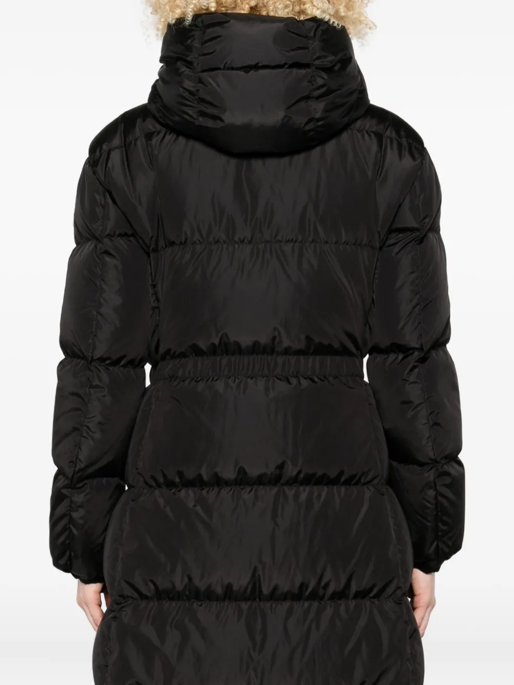 Moncler Long Hooded Quilted Coat Side Pockets In Black