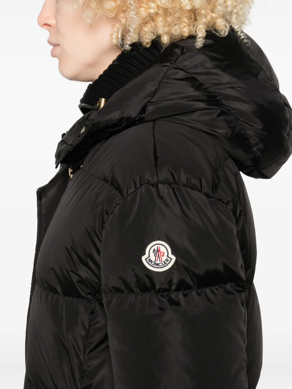 Moncler Long Hooded Quilted Coat Side Pockets In Black