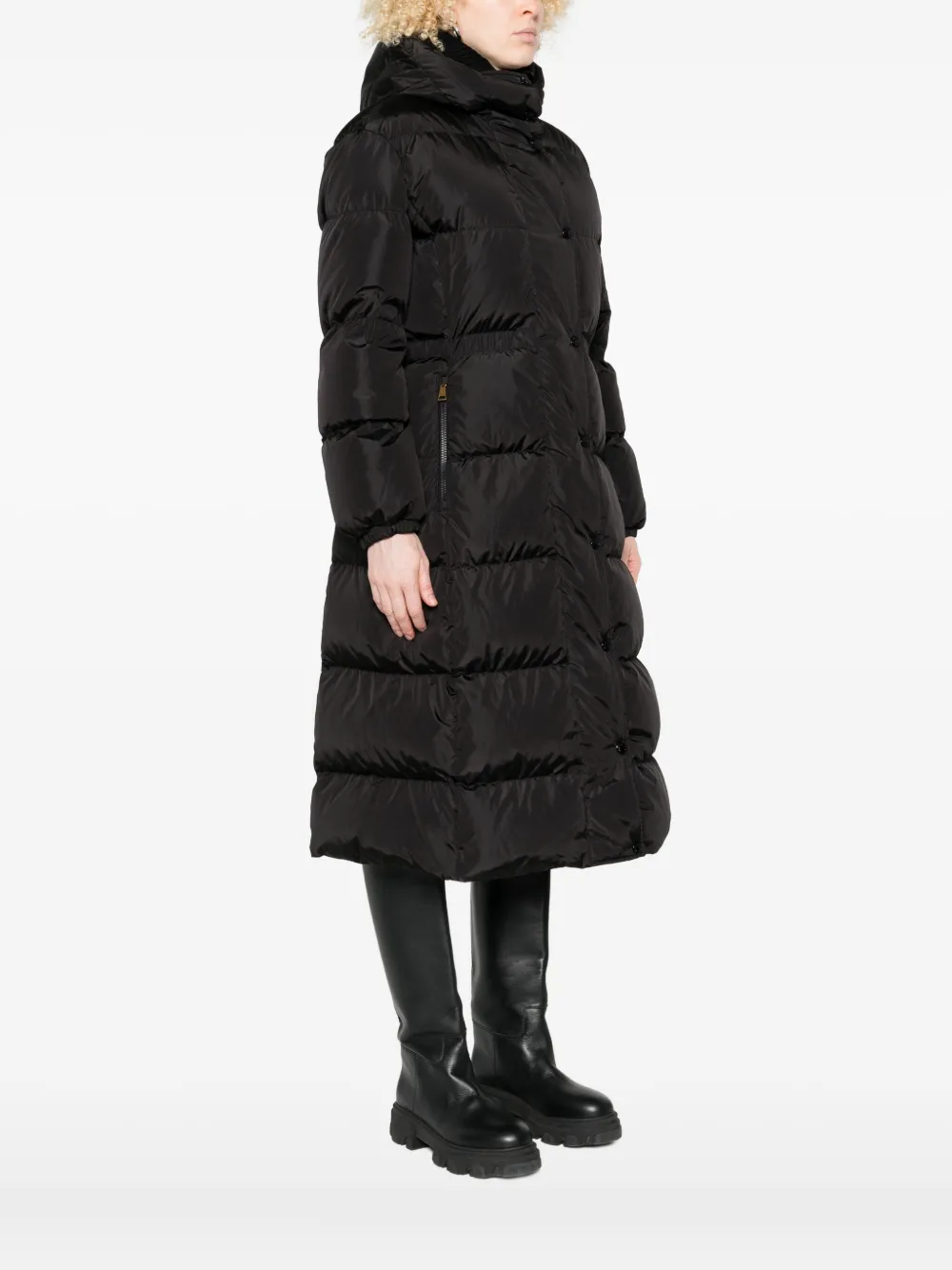 Moncler Long Hooded Quilted Coat Side Pockets In Black