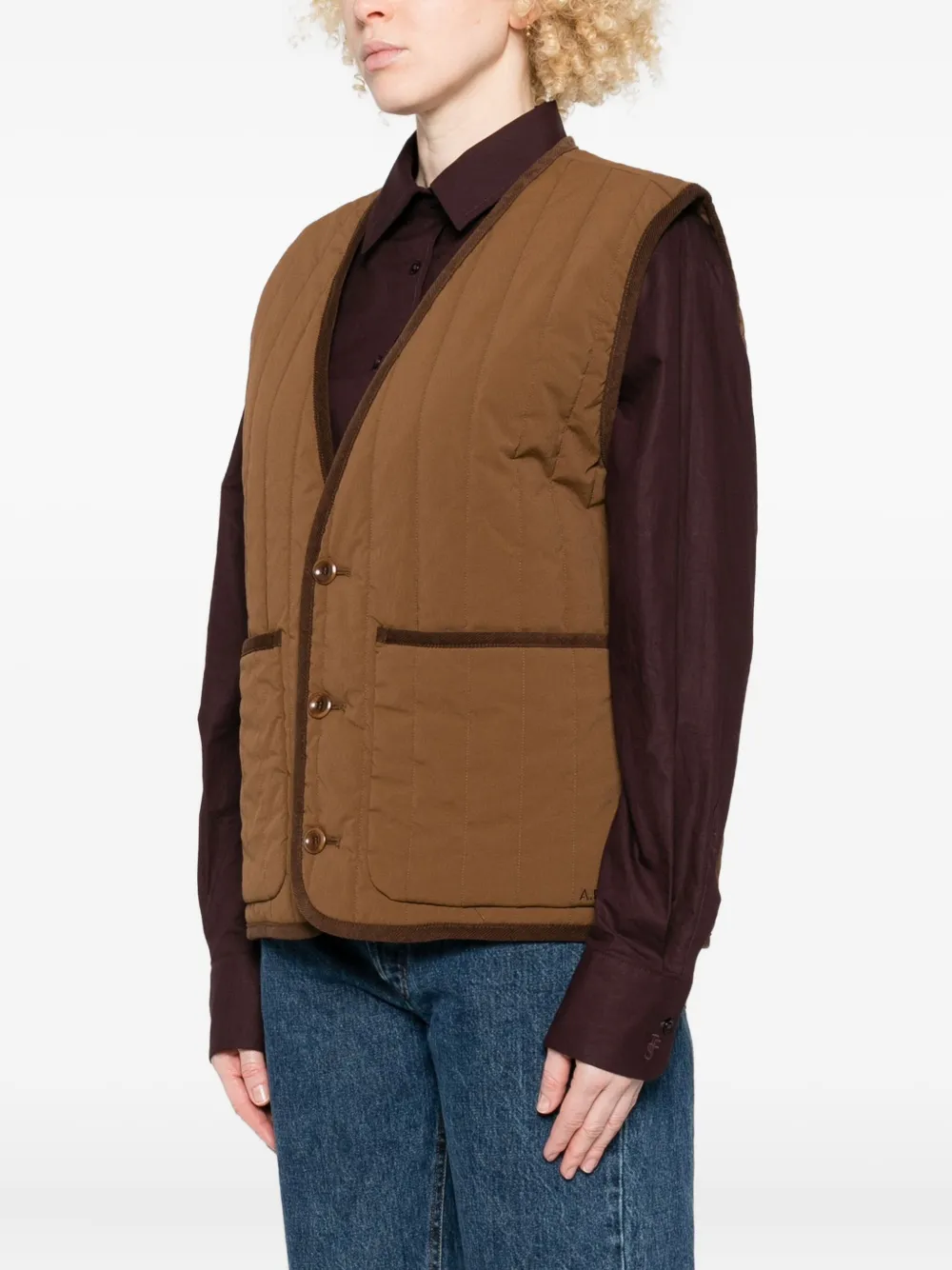Apc V-neck Quilted-pattern Gilet In Brown