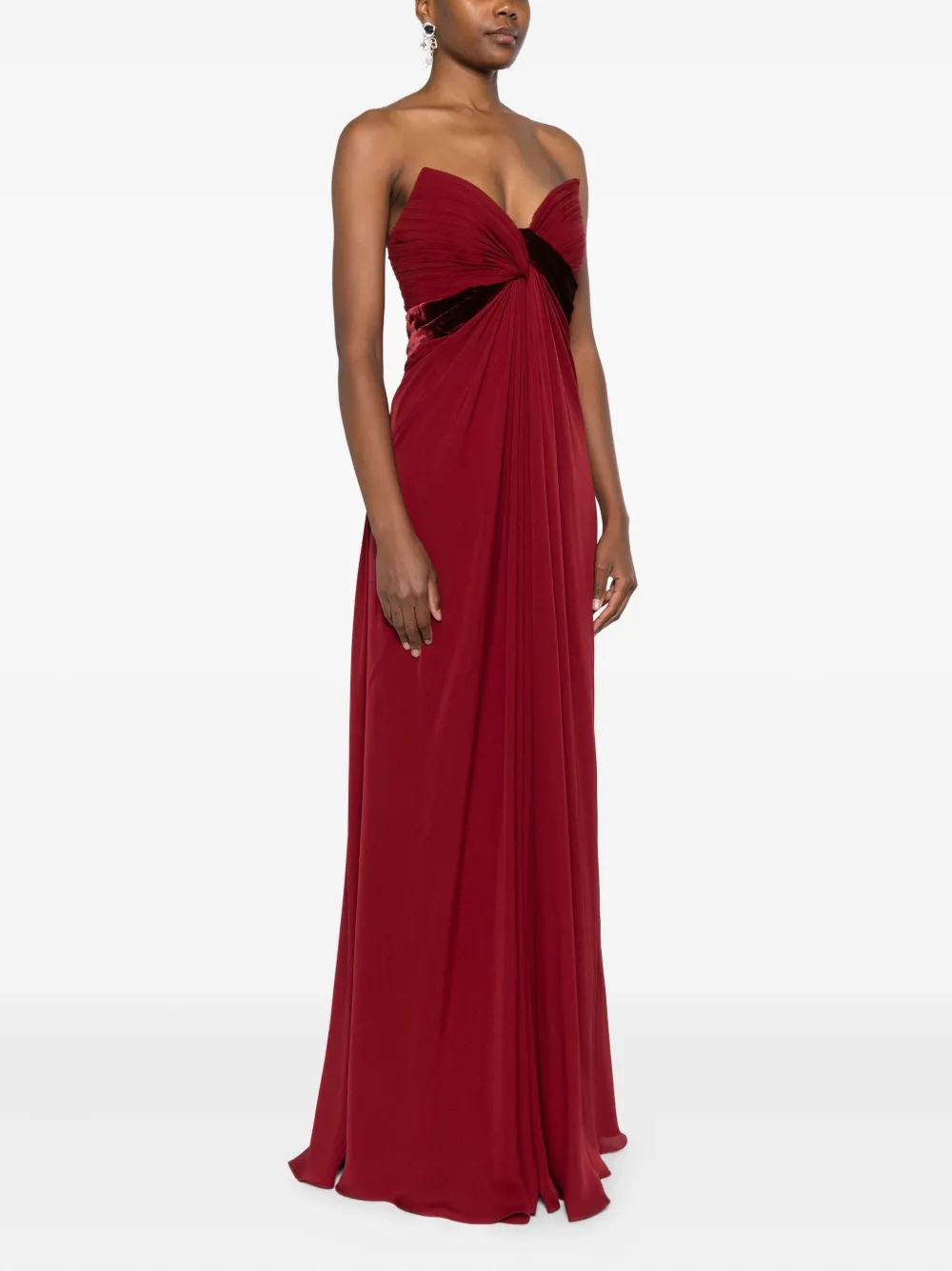Elie Saab Pleated Velvet-trimmed Dress In Red