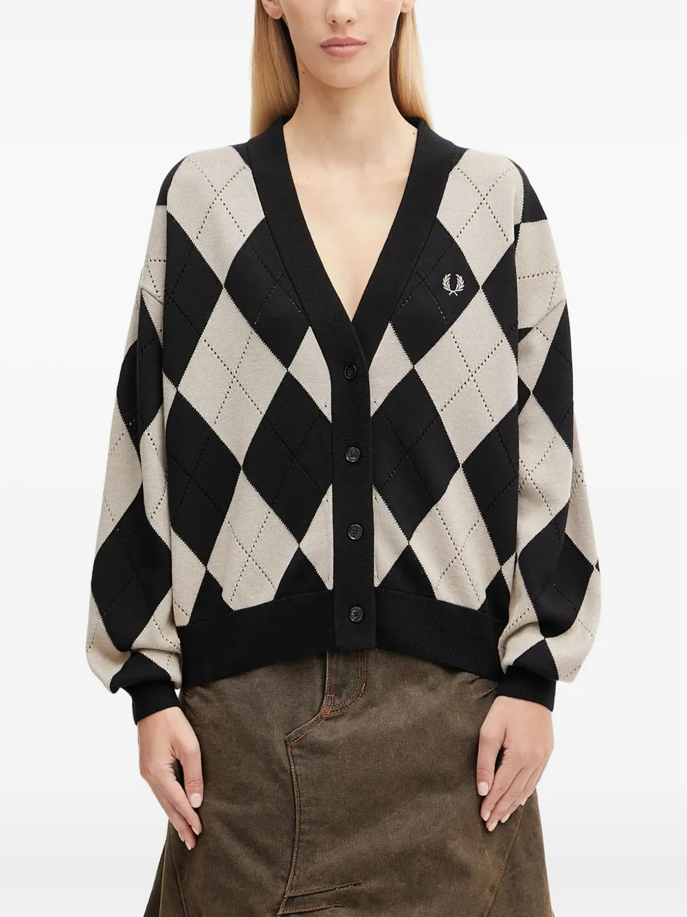 Fred Perry Diamond-pattern Cardigan In Black