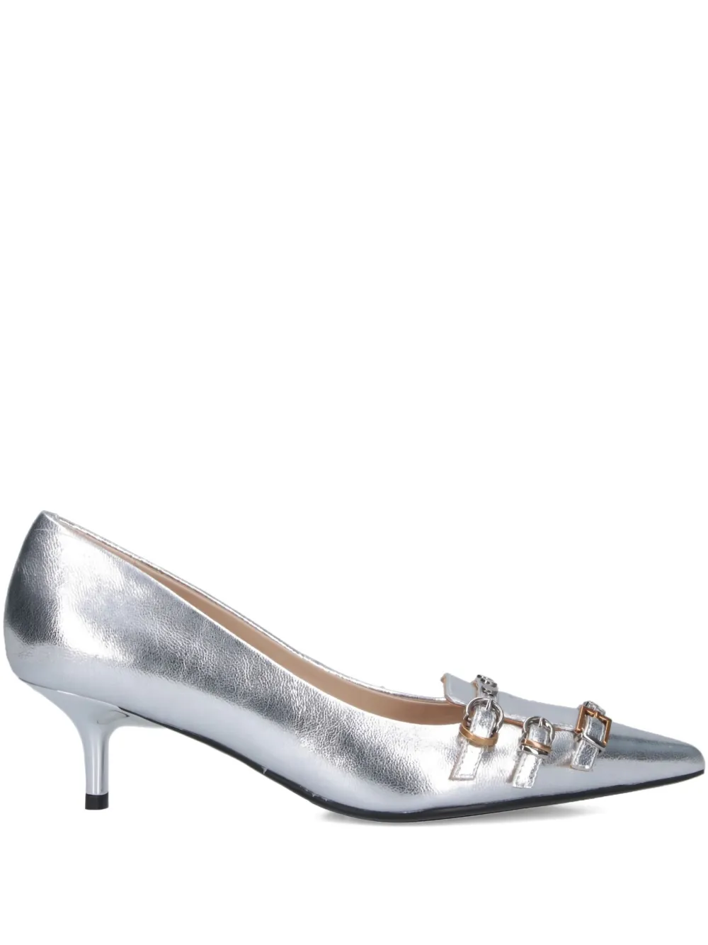 Pinko Pointed-toe Silver Pump With Kitten Heel And Buckle Straps In Silver