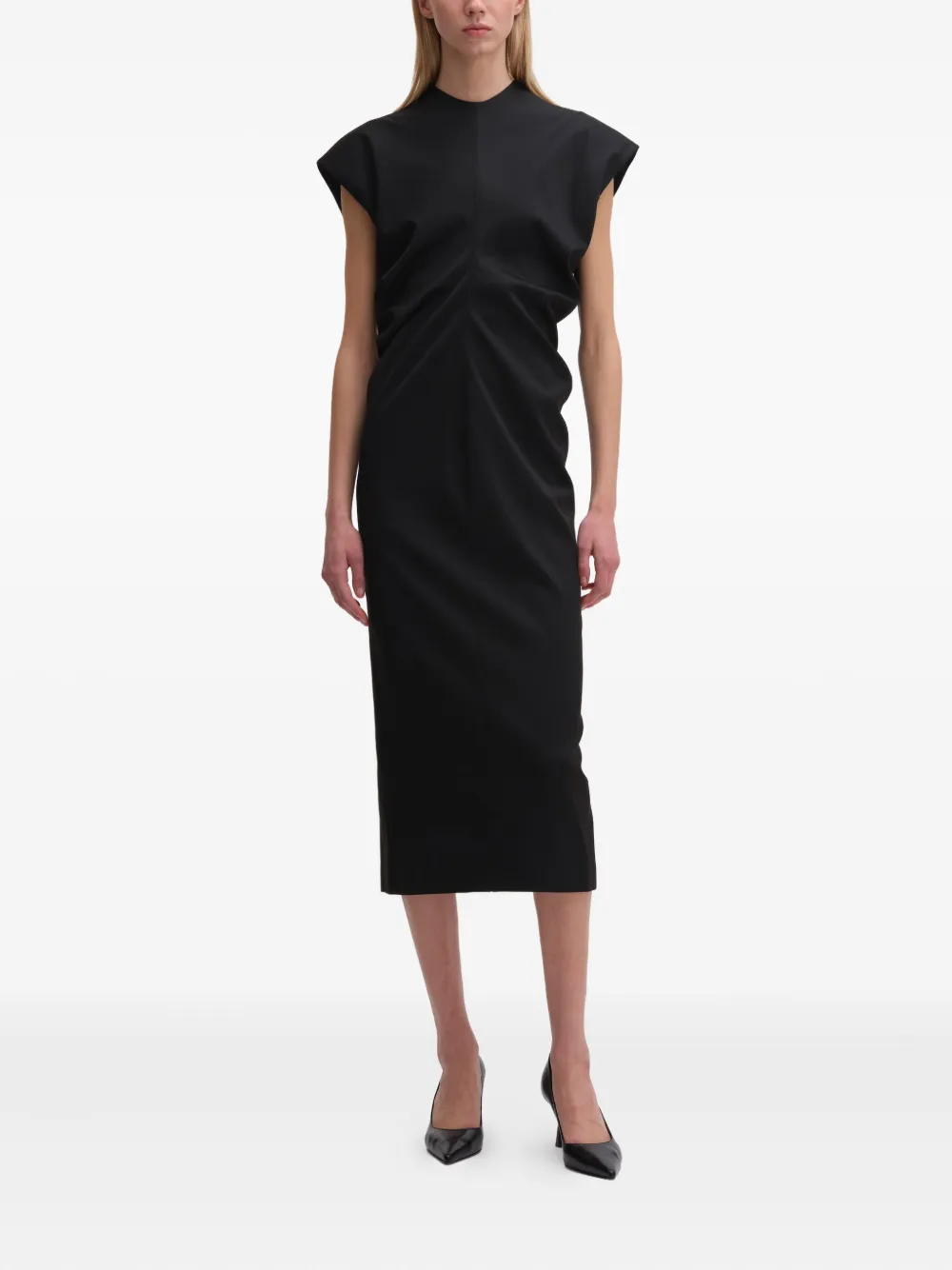 REMAIN gathered-shoulder midi dress - Zwart