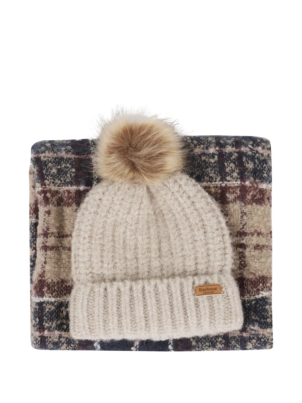Barbour Pompom-detail Tartan-scarf Beanie Set In Neutral