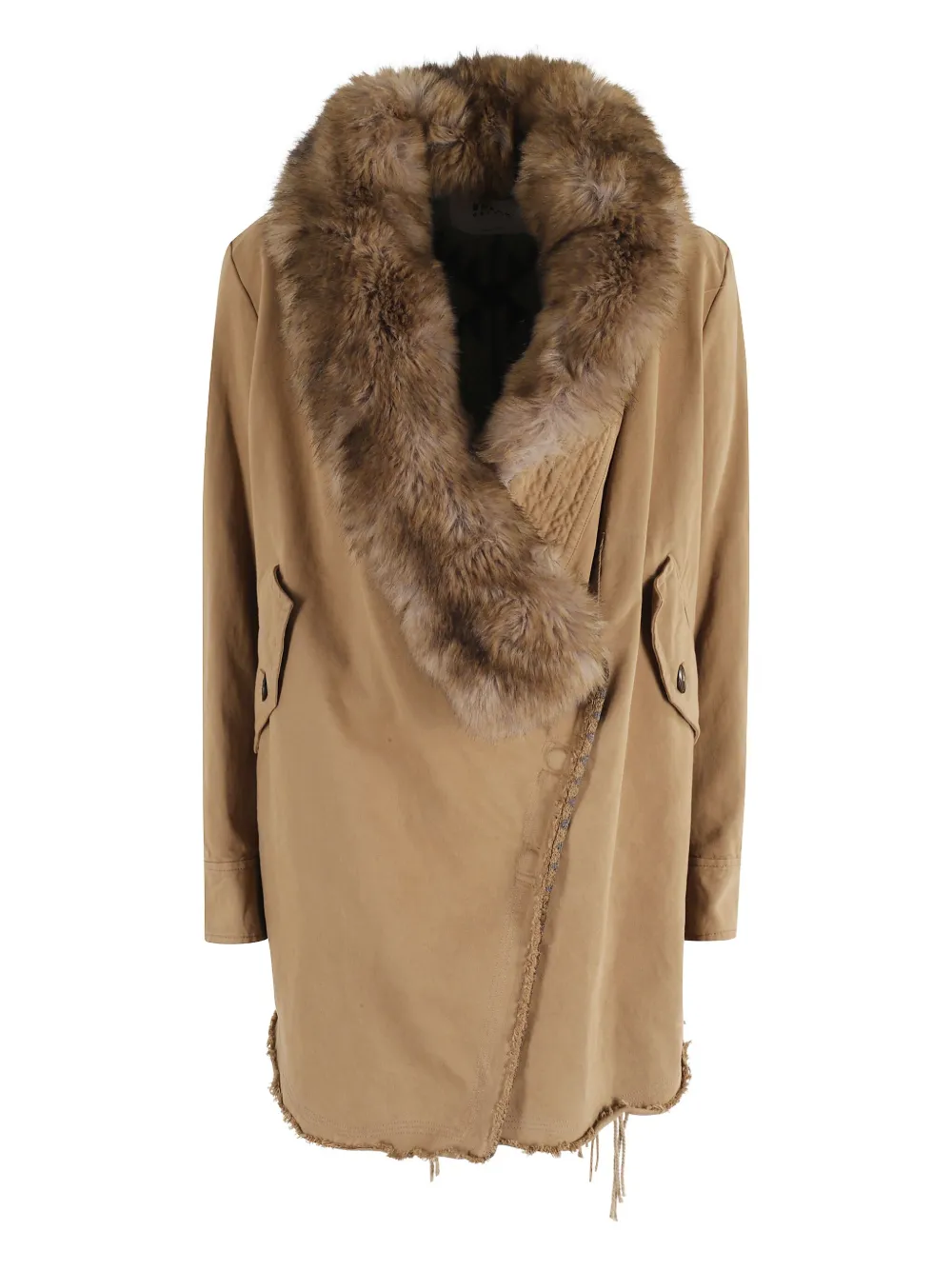 Bazar Deluxe Faux-fur Collar Frayed-edge Coat In Brown