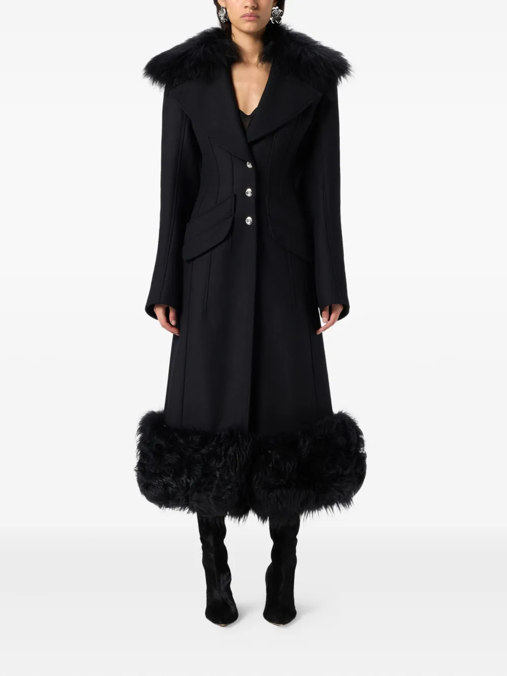 Blumarine Faux-fur-trimmed Coat In Black