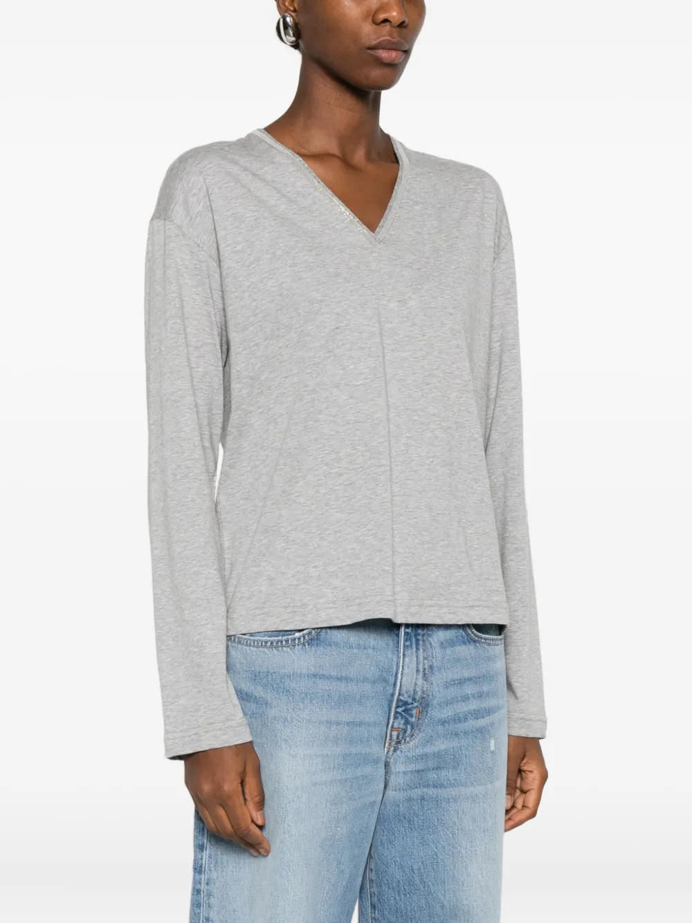 Fabiana Filippi Crystal-embellished V-neck T-shirt In Gray