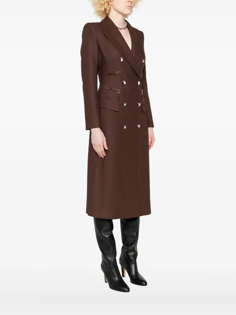 Elisabetta Franchi Double-breasted Leather-trimmed Coat In Brown