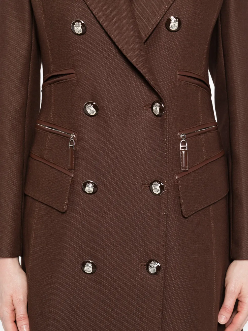 Elisabetta Franchi Double-breasted Leather-trimmed Coat In Brown