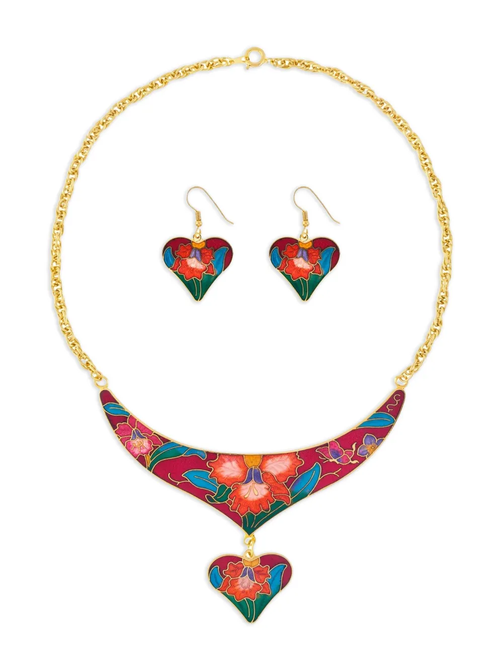 Susan Caplan Vintage 1980s Cloisonné heart necklace earrings set - Oro