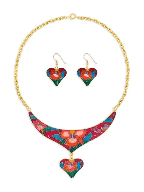 Susan Caplan Vintage 1980s Cloisonné heart necklace earrings set