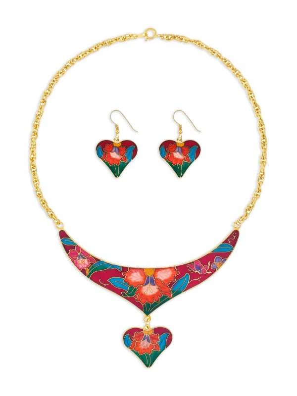 Susan Caplan Vintage 1980s Cloisonné Heart Necklace Earrings