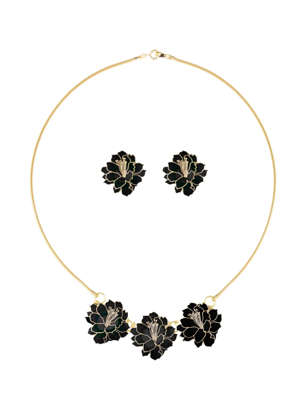 Pre-owned Susan Caplan Vintage 1980s Cloisonné Lotus-flower Necklace Earrings Set In Gold