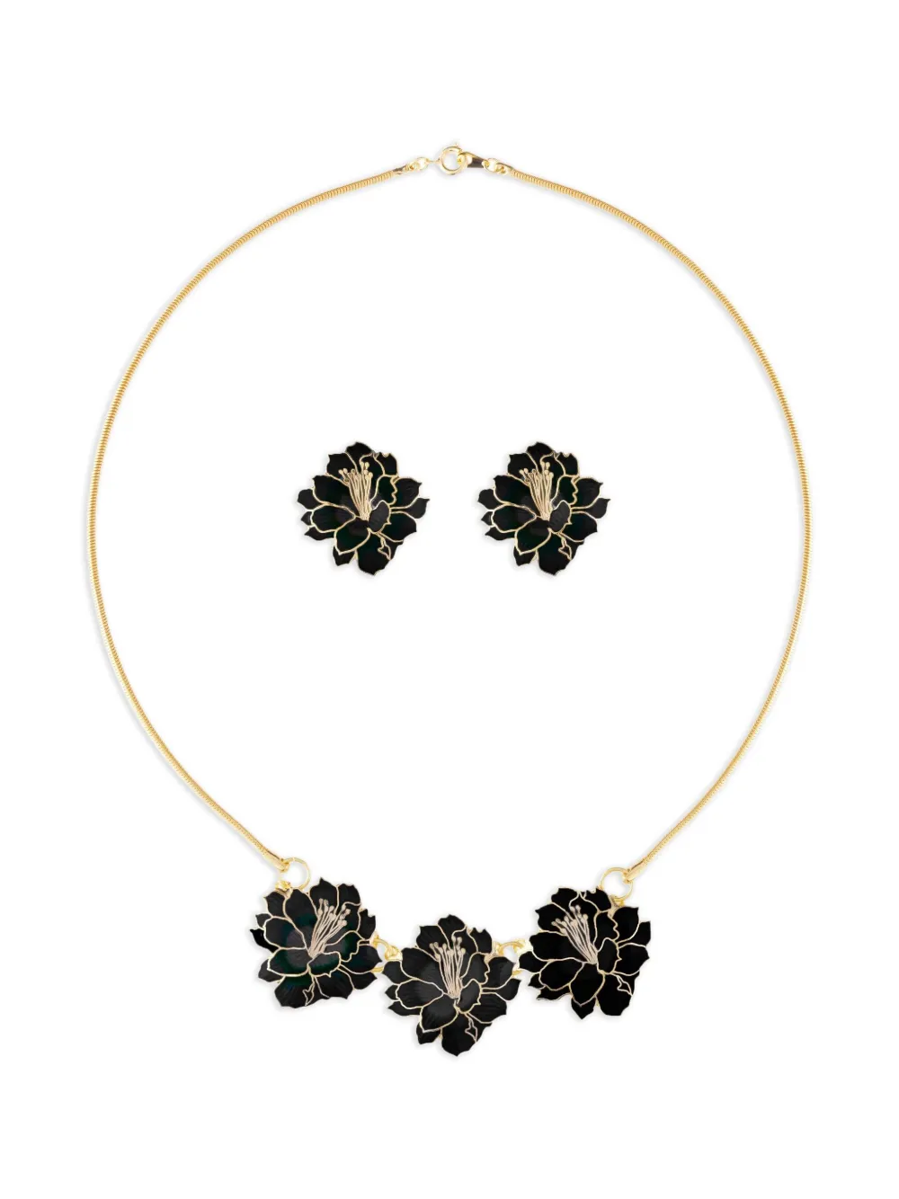 Susan Caplan Vintage 1980s Cloisonné lotus-flower necklace earrings set | Gold | Image 1