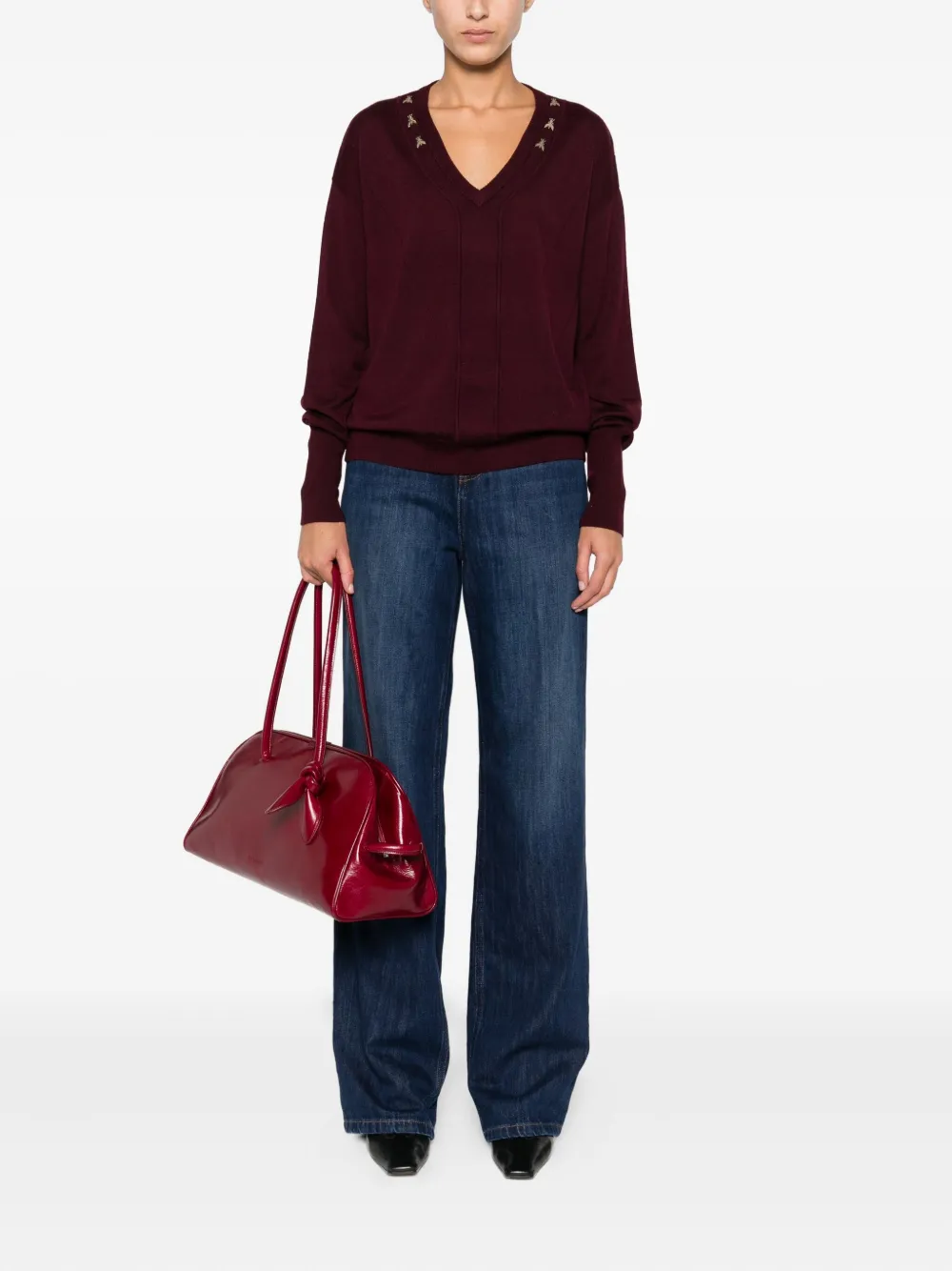 Patrizia Pepe Trui met V-hals en bij-verfraaiing Paars