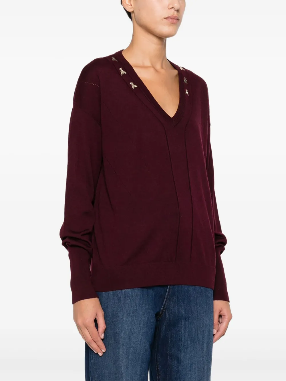 Patrizia Pepe Trui met V-hals en bij-verfraaiing Paars