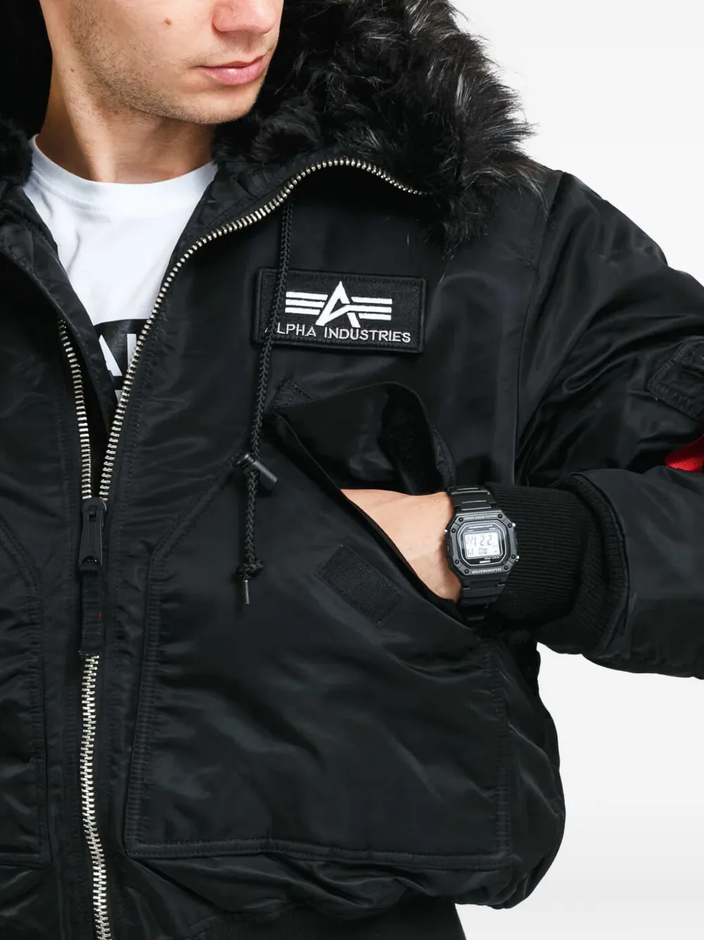 Alpha Industries Faux-fur Hooded Jacket In Black