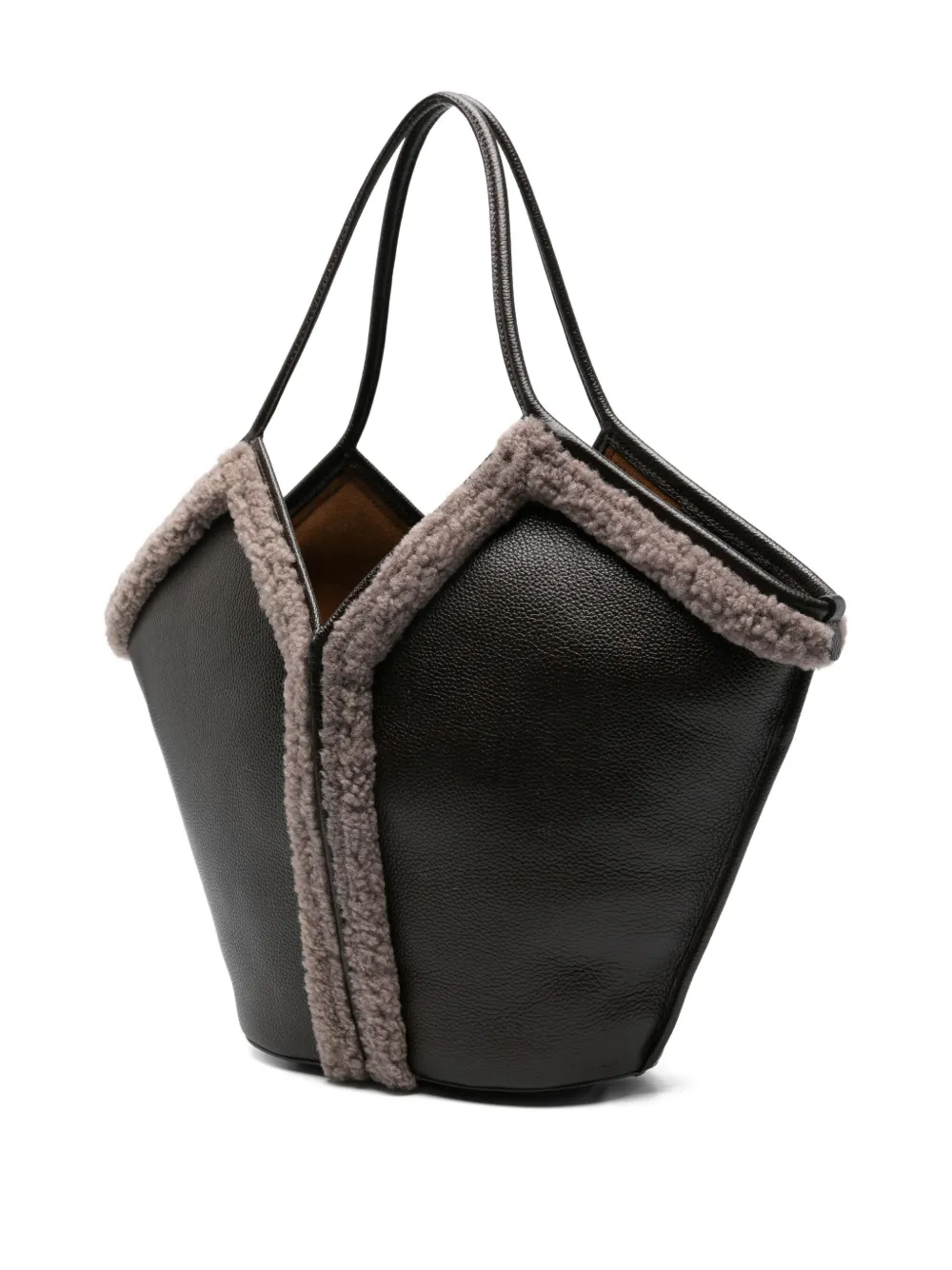 Hereu Calella Curly Leather Shearling-trimmed Tote Bag In Brown