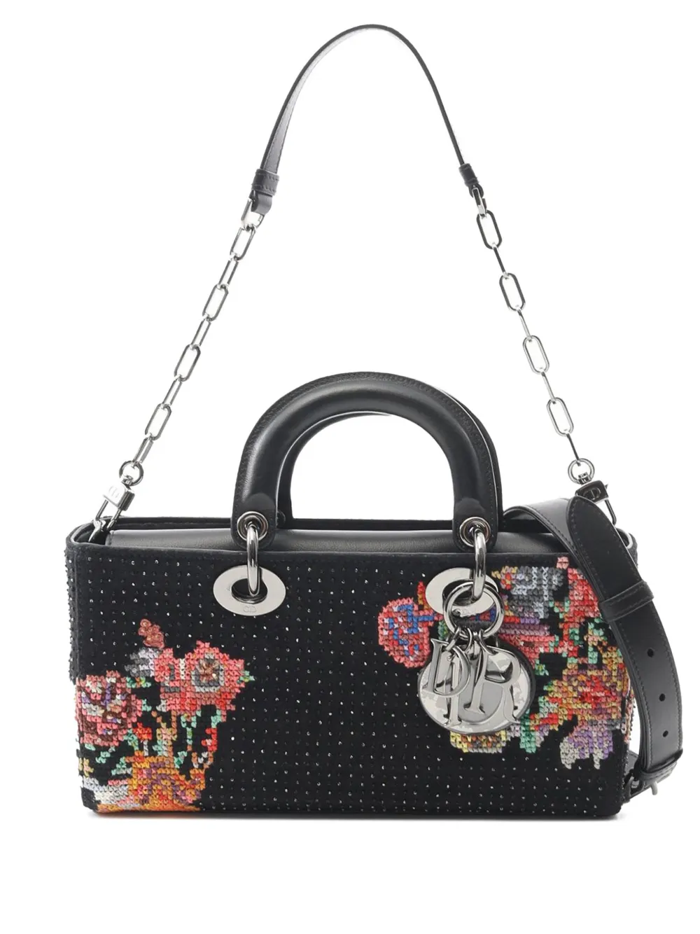 Pre-owned Dior 2021-2025 Medium Beaded Embroidered Floral Lady D Joy Satchel In Black