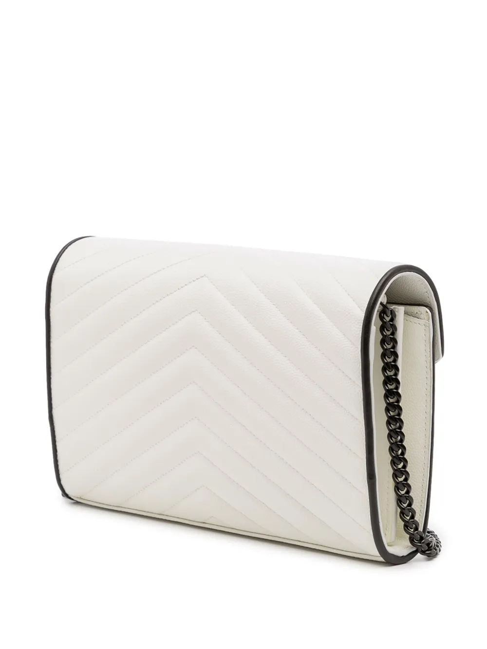 Pre-owned Saint Laurent 2017 Grain De Poudre Matelasse Chevron Monogram Chain Wallet Crossbody Bag In White