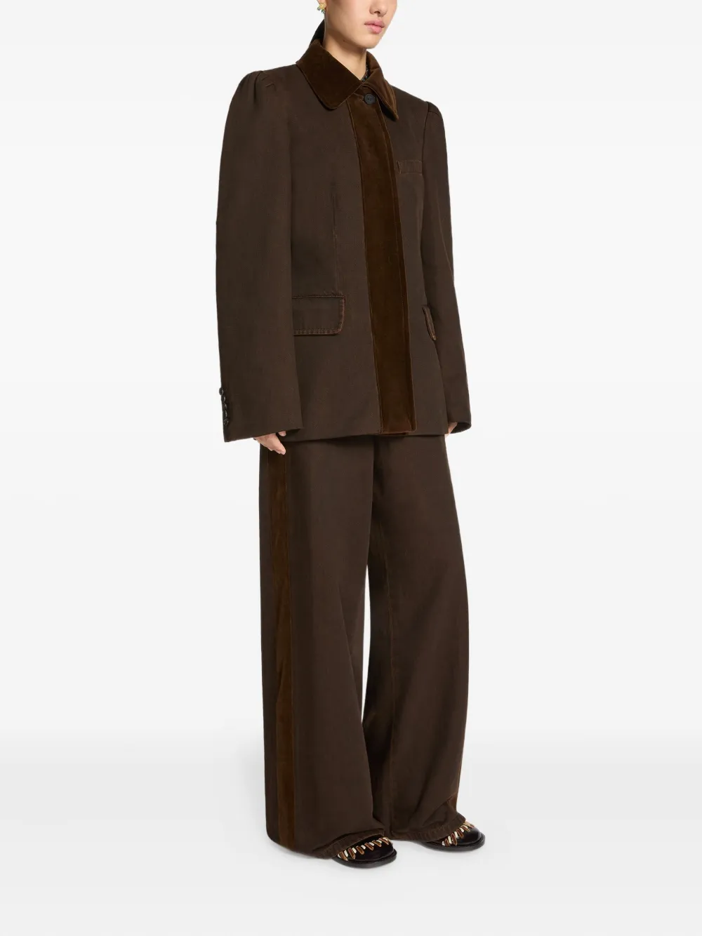 Dries Van Noten Velvet-trim Denim Blazer In Brown