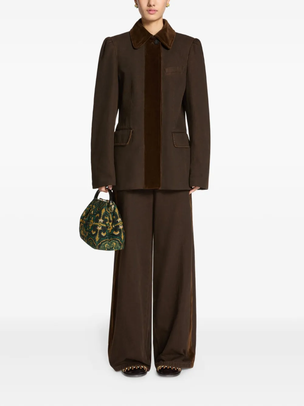 Dries Van Noten Velvet-trim Denim Blazer In Brown