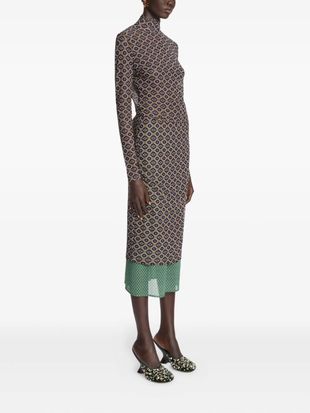 Dries Van Noten Women Brown Printed Mesh Layered Midi Skirt In Multi