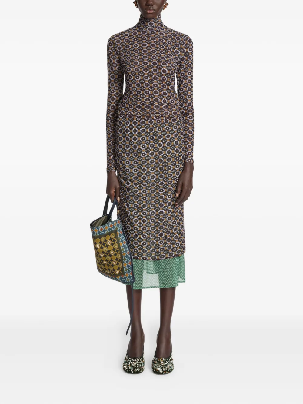DRIES VAN NOTEN geometric-pattern ruffle-hem midi skirt - Bruin