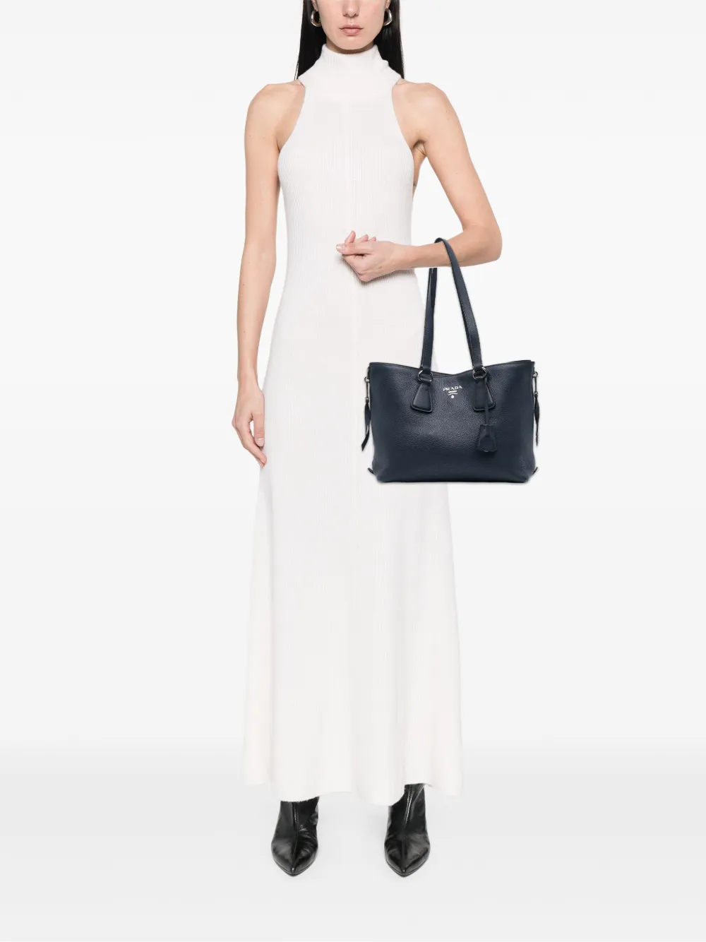 Pre-owned Prada 2010-2025 Vitello Phenix Side Zip Shopper Tote Bag In Blue