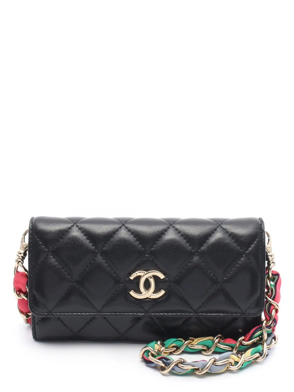 CHANEL Pre-Owned 2020 CC Quilted Shiny Lambskin Ribbon Long Clutch on Chain crossbody bag | Black | Image 1