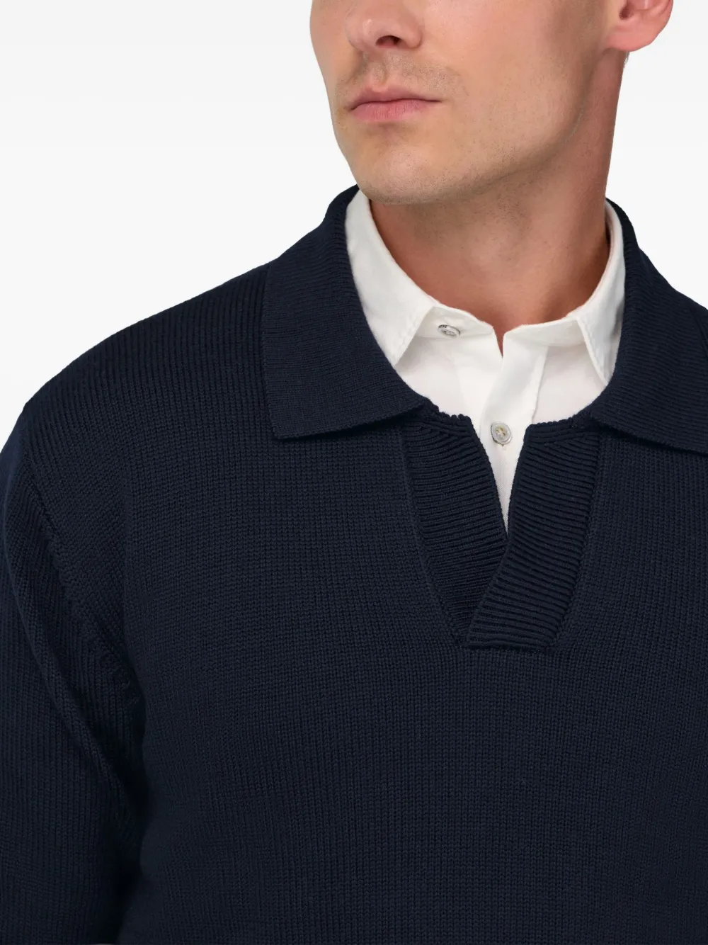 Boggi Milano Ens Collared Long-sleeve Merino-wool Polo Navy Blue In Black