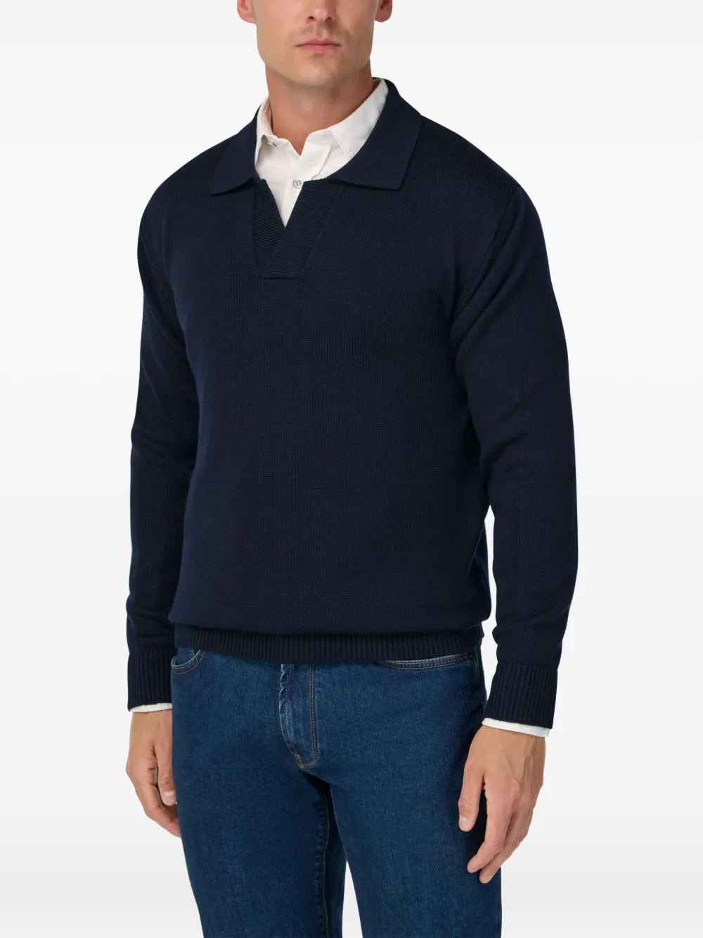 Boggi Milano Ens Collared Long-sleeve Merino-wool Polo Navy Blue In Black