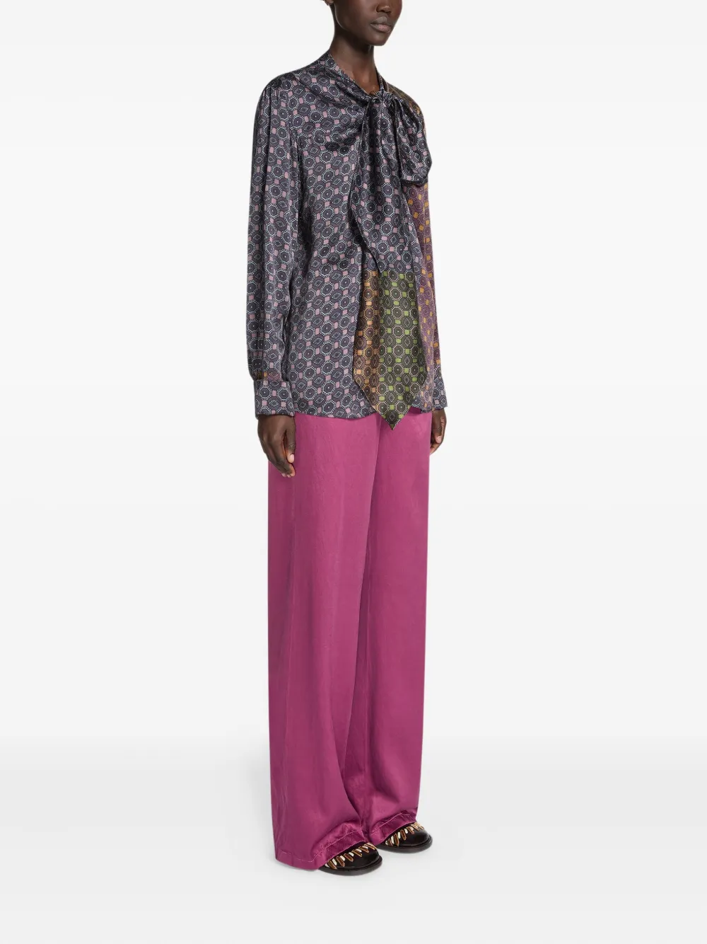 Dries Van Noten Patterned Pussy-bow Blouse In Blue