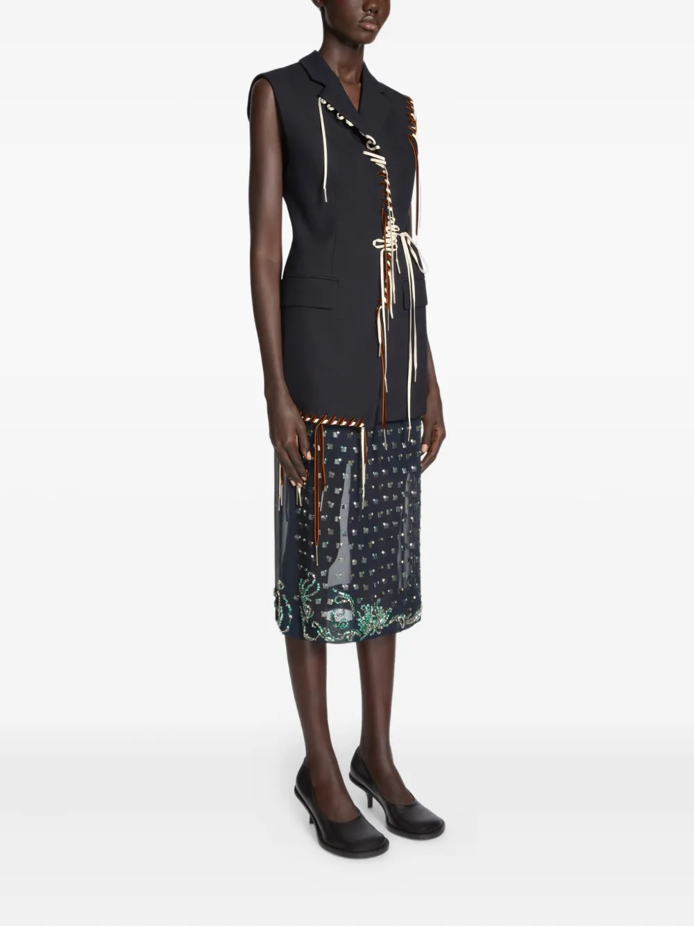 Dries Van Noten Sleeveless Wool Jacket With Contrasting Drawstring And Tailored Cut In Black