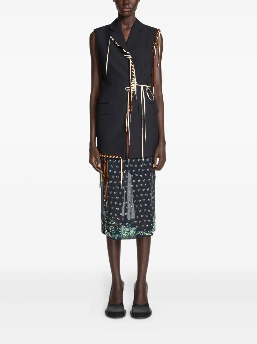 Dries Van Noten Sleeveless Wool Jacket With Contrasting Drawstring And Tailored Cut In Black
