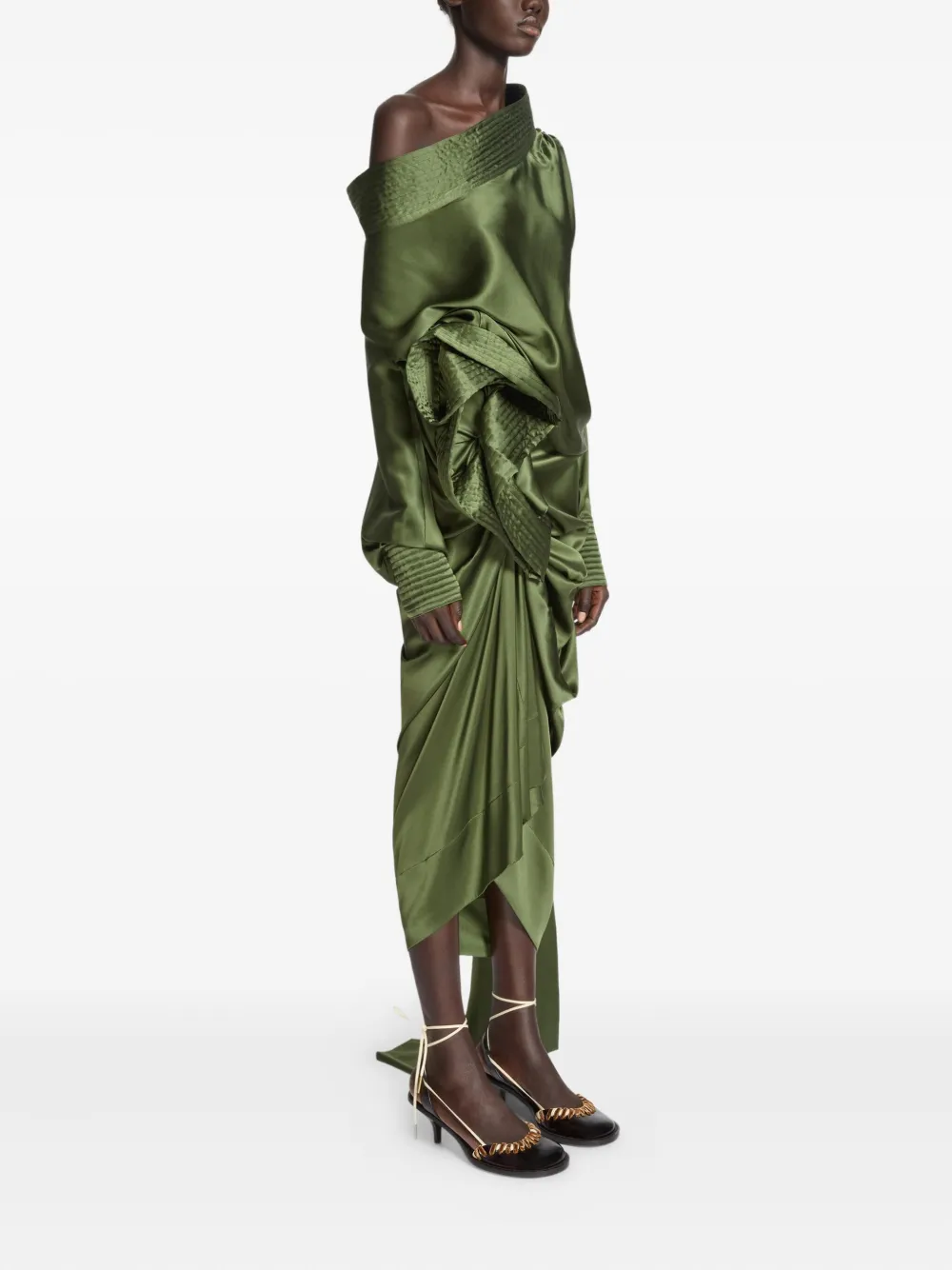 Dries Van Noten Gathered Silk-blend Satin Midi Skirt In Green