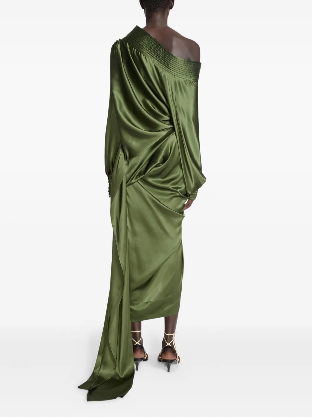 Dries Van Noten Gathered Silk-blend Satin Midi Skirt In Green