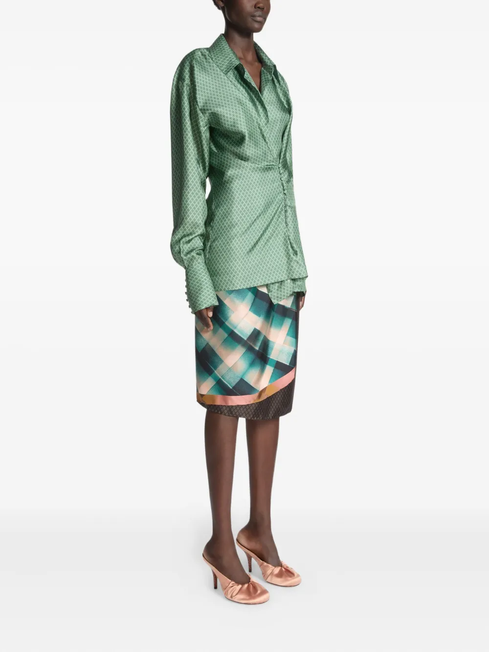 Dries Van Noten Draped Silk Geometric Blouse In Green