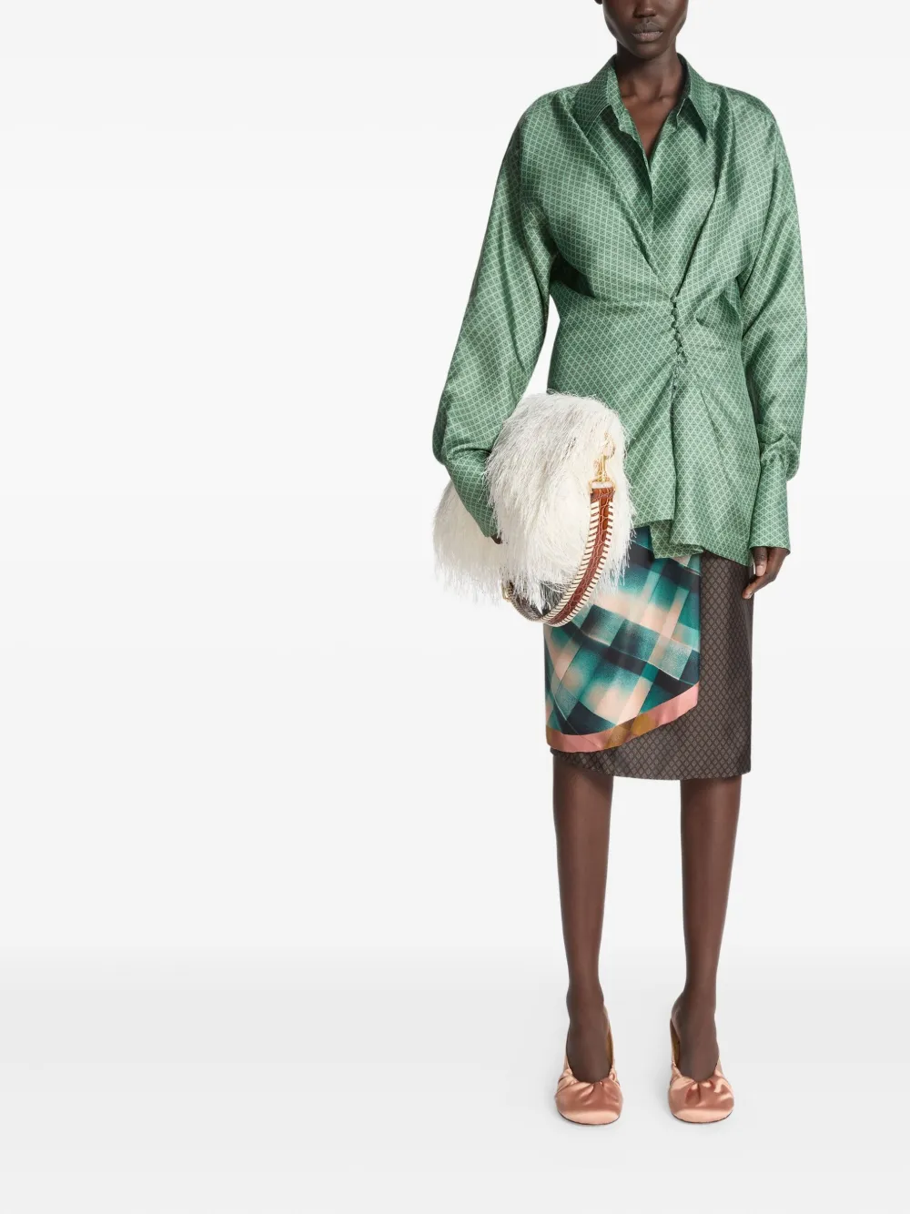 Dries Van Noten Draped Silk Geometric Blouse In Green