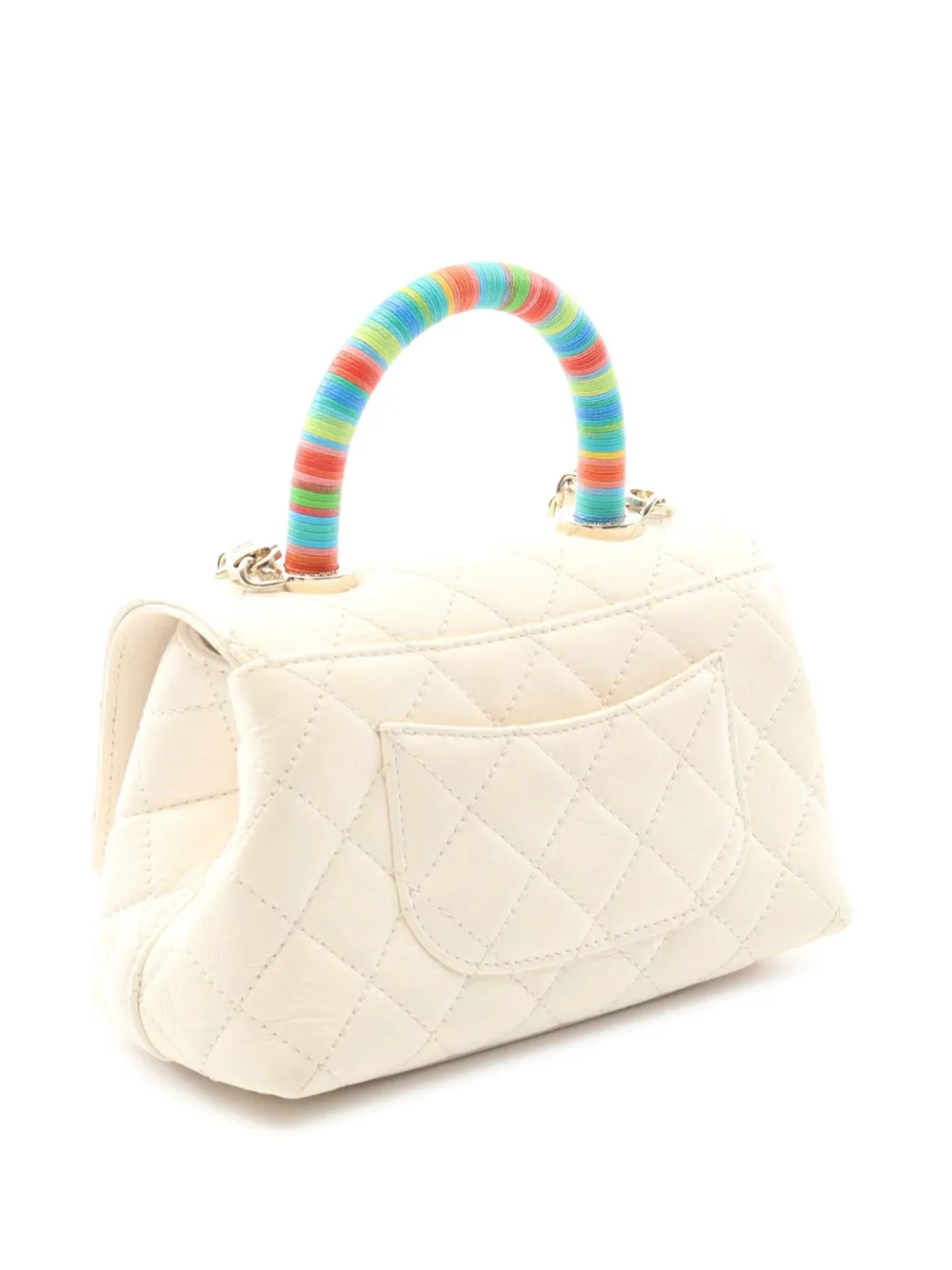 Pre-owned Chanel 2021 Extra Mini Quilted Goatskin Rainbow Coco Top Handle Bag Satchel In White