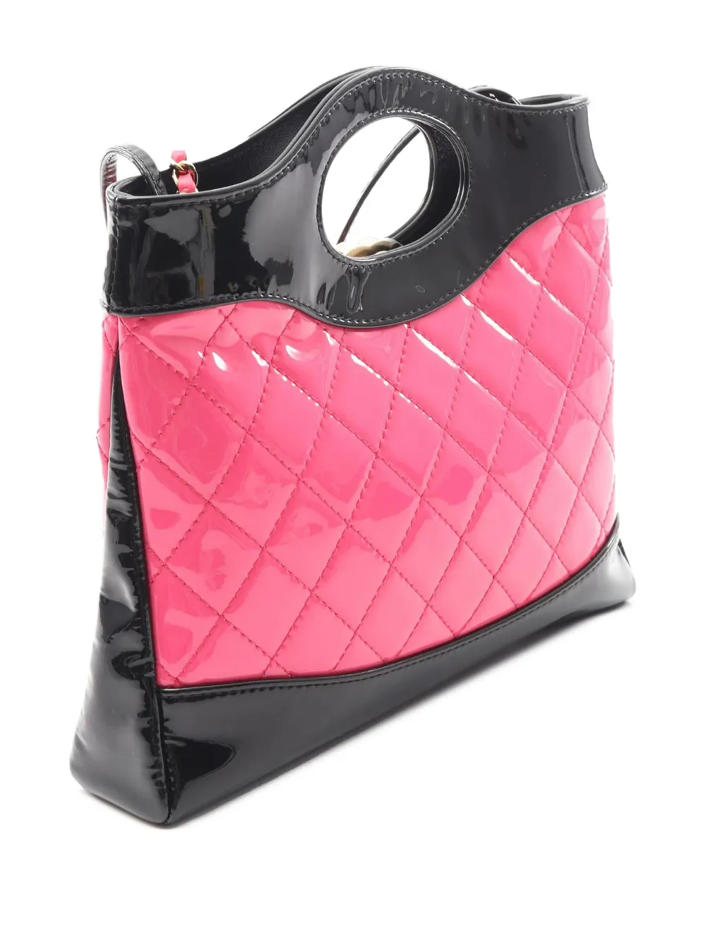 Pre-owned Chanel 2021-2025 Mini Bicolor Quilted Patent 31 Shopping Bag Satchel In Black