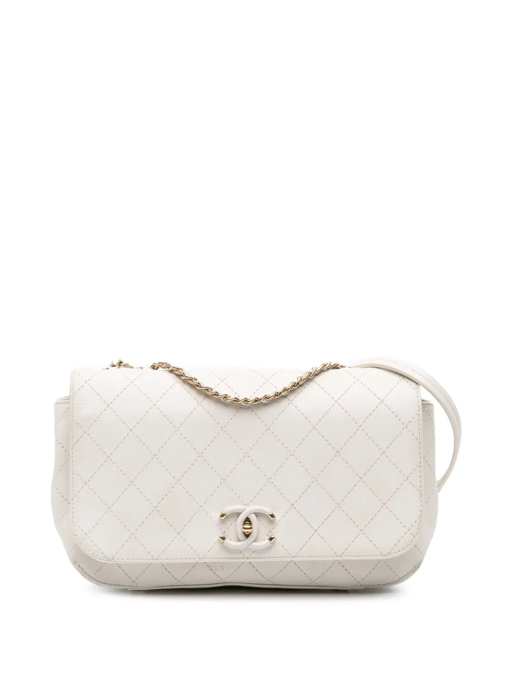 CHANEL Pre-Owned 2019 ミディアム ステッチ カーフスキン カバー ココマーク フラップ ショルダーバッグ - ホワイト CHANEL Pre-Owned 2019 ミディアム ステッチ カーフスキン カバー ココマーク フラップ ショルダーバッグ - ホワイト