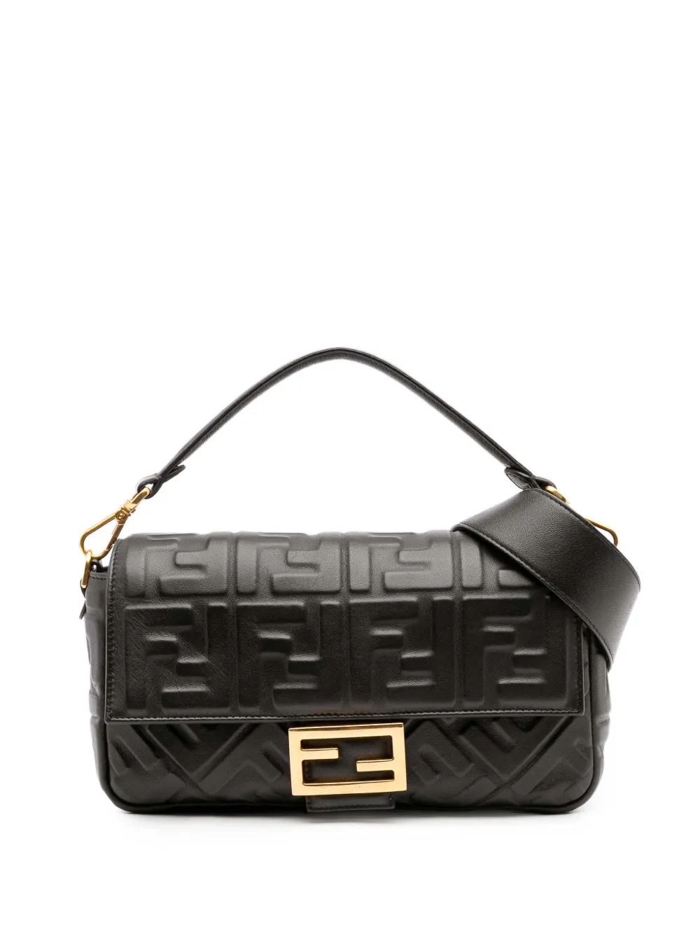 Pre-owned Fendi 2000-2010 Zucca Embossed Leather Baguette Satchel In Black