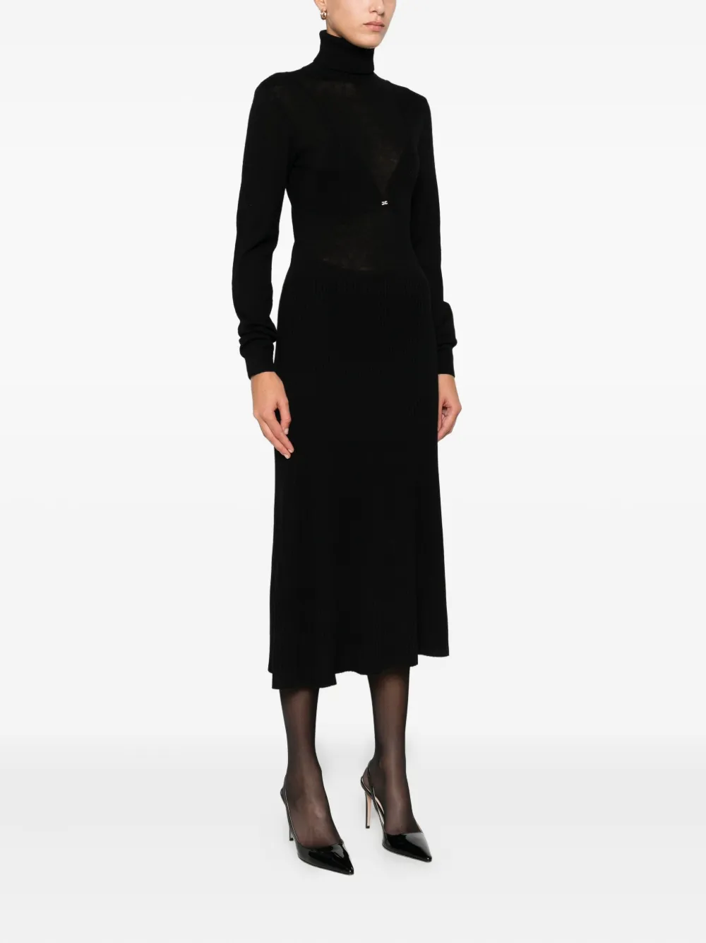 Elisabetta Franchi Turtleneck Ribbed Dress In Black