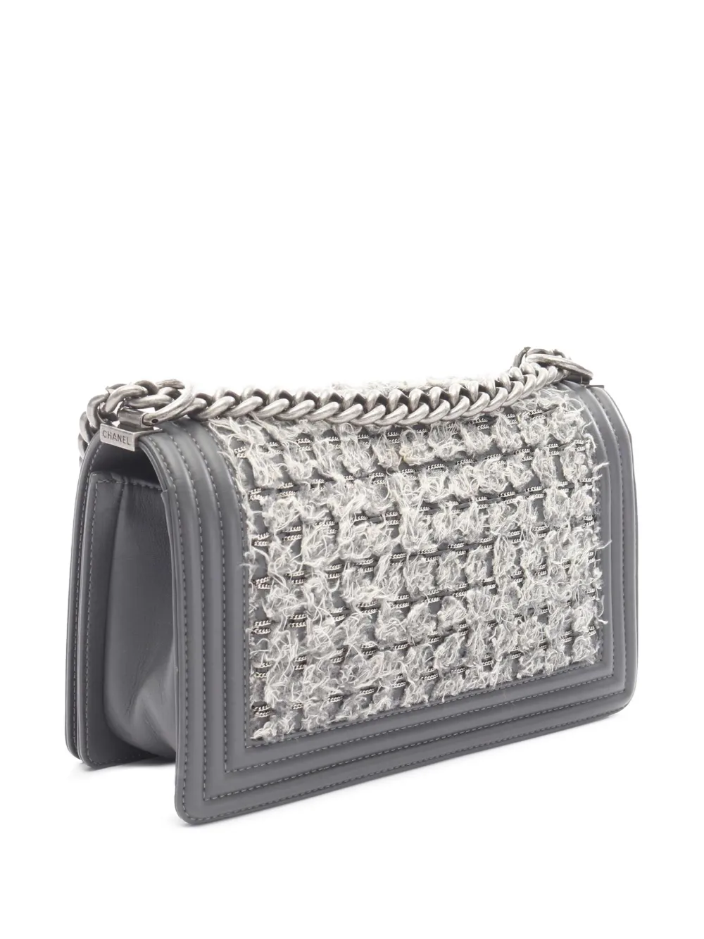 Pre-owned Chanel 2016-2017 Old Medium Braided Tweed And Calfskin Boy Flap Crossbody Bag In Gray