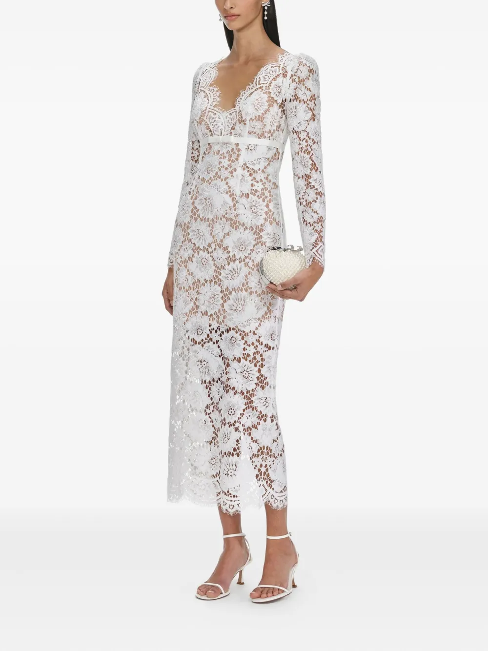 Self-portrait Floral-lace Long-sleeve Midi Dress In White