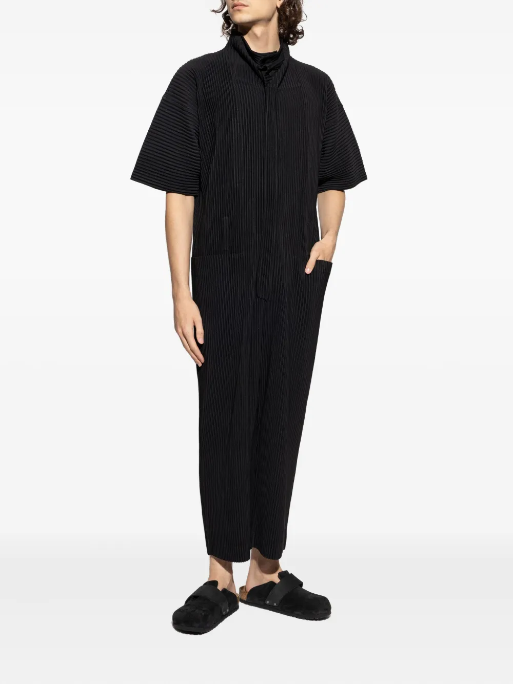 Issey Miyake Pleated Short-sleeve Jumpsuit In Black