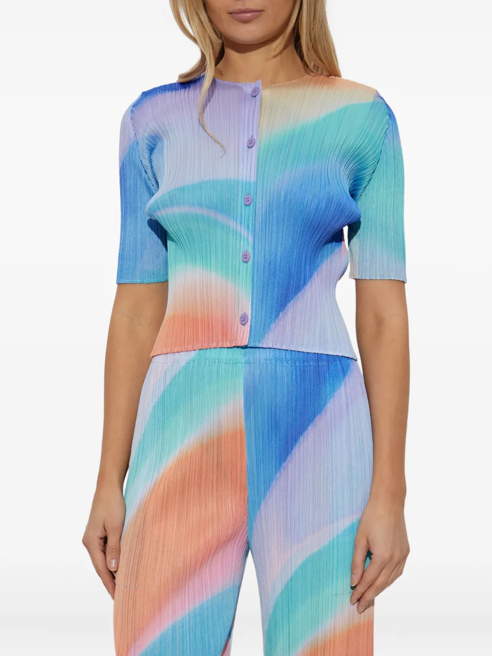 Issey Miyake Pleated Button-front Cardigan In Blue